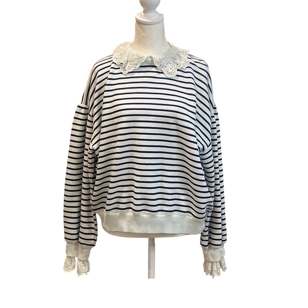 J.Crew Striped Sweatshirt with Lace Collar and‎ Cuffs Women's Large
